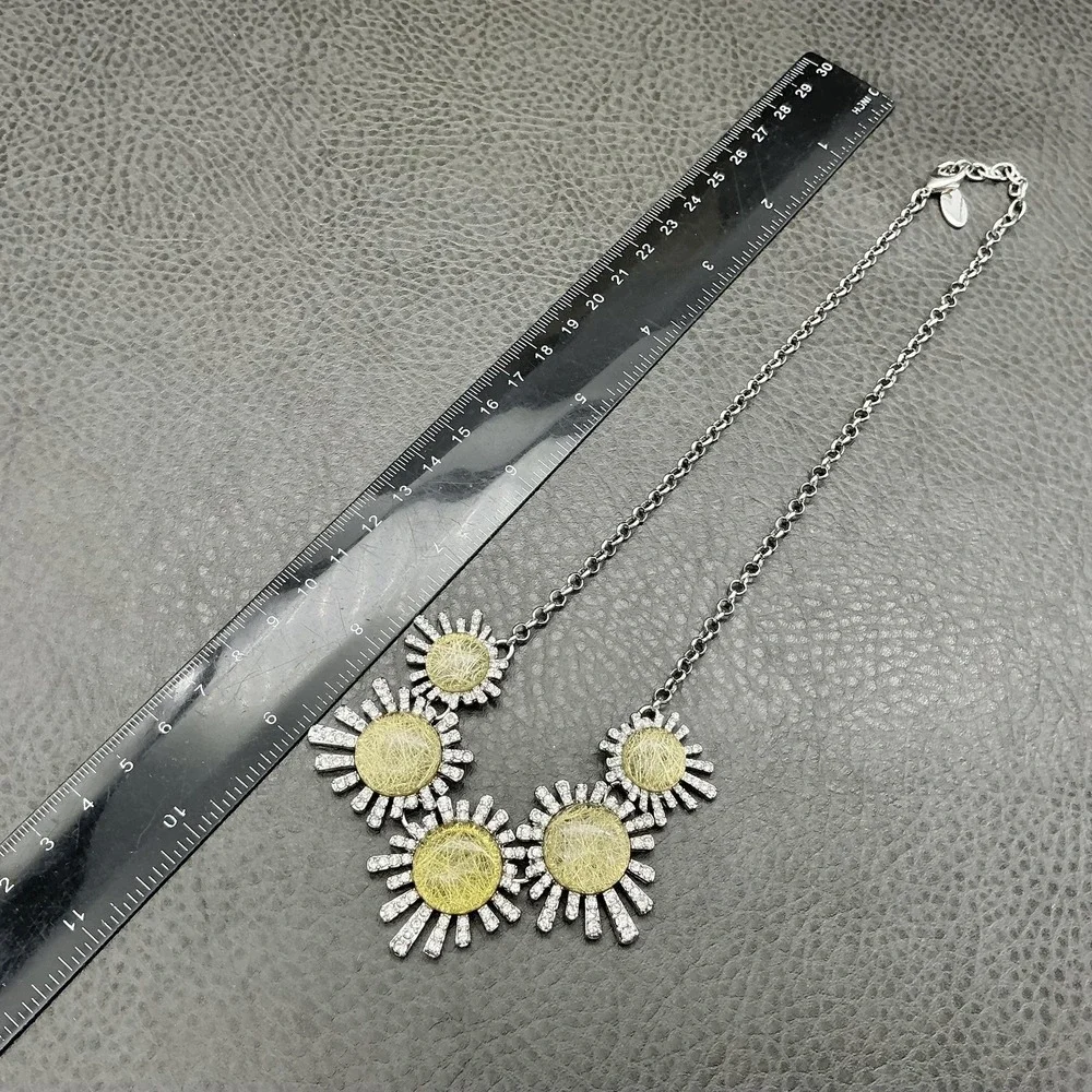 Ann Taylor Necklace Silver Tone Yellow Resin Rhinestone Sunburst‎ Bib Womens 18